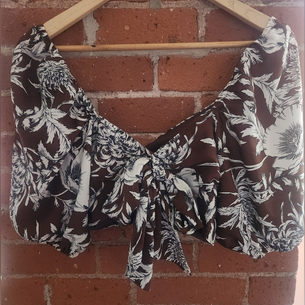 Express Floral Print Satin Wrap Crop Top Brown & White 00